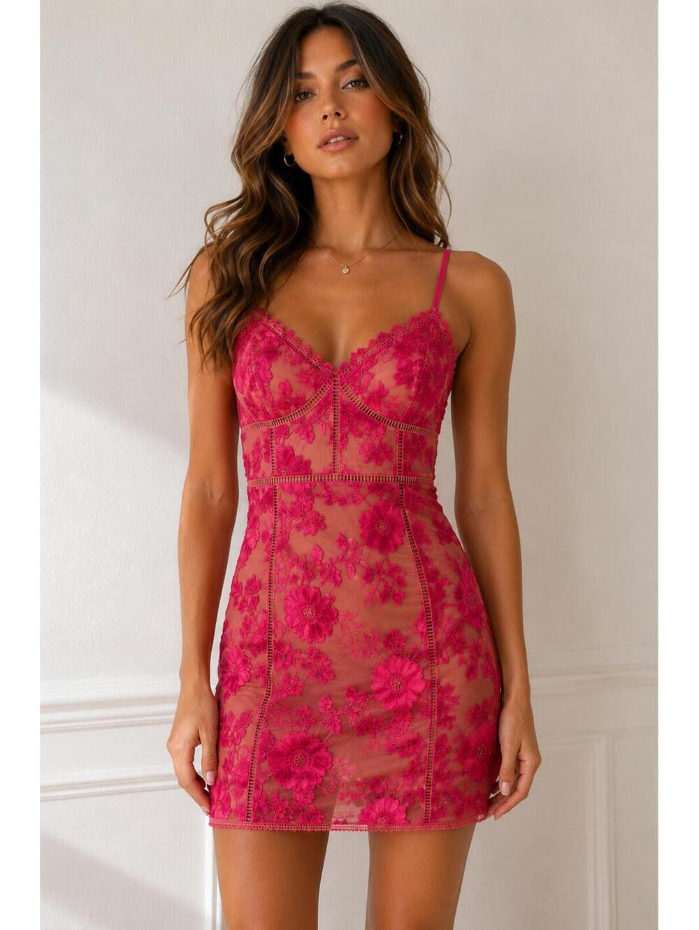 Lulus Hot Pink Floral Embroidered Mesh Mini Dress Size M Coquette
